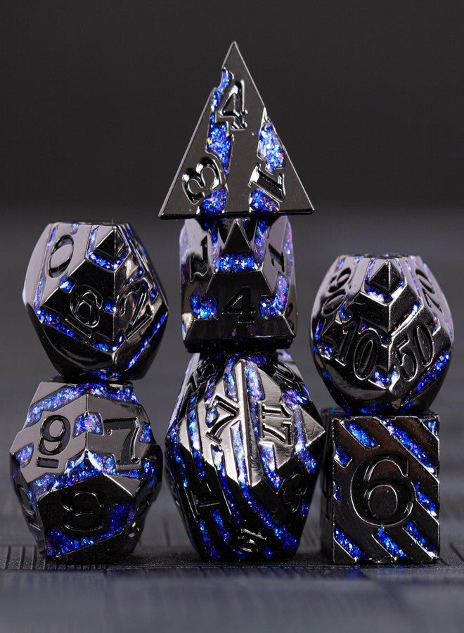 Maywin Metallic Glitter Stripes D&D Dice Set,7 PCS Polyhedral Dice with Gift,RPG Metal Dice Set Dungeons and Dragons Tabletop Game (Black Nickel Sapphire Blue) for 15 Years and Up - Image 2